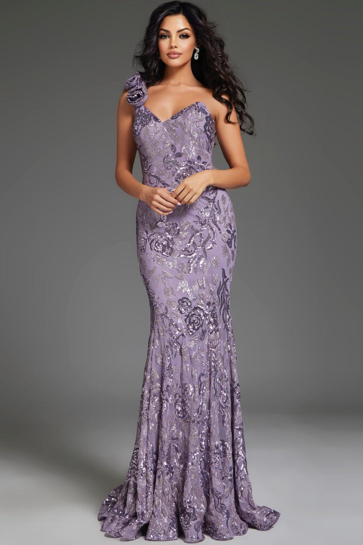 Floral Embellished Fitted One Shoulder Gown by Jovani 37634