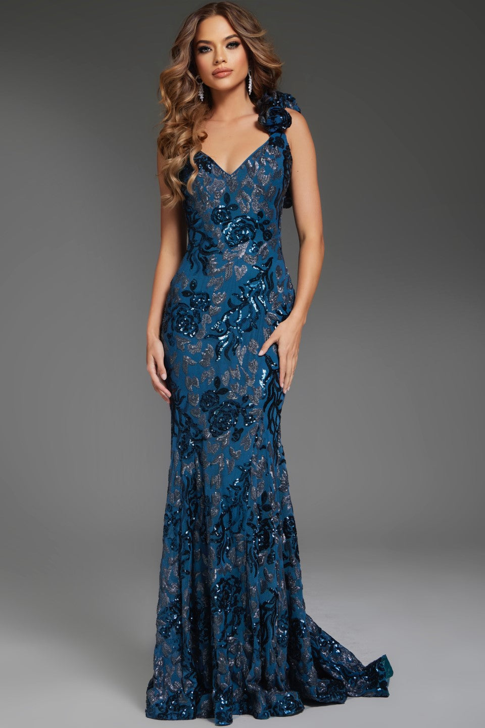 Floral Embellished Fitted One Shoulder Gown by Jovani 37634