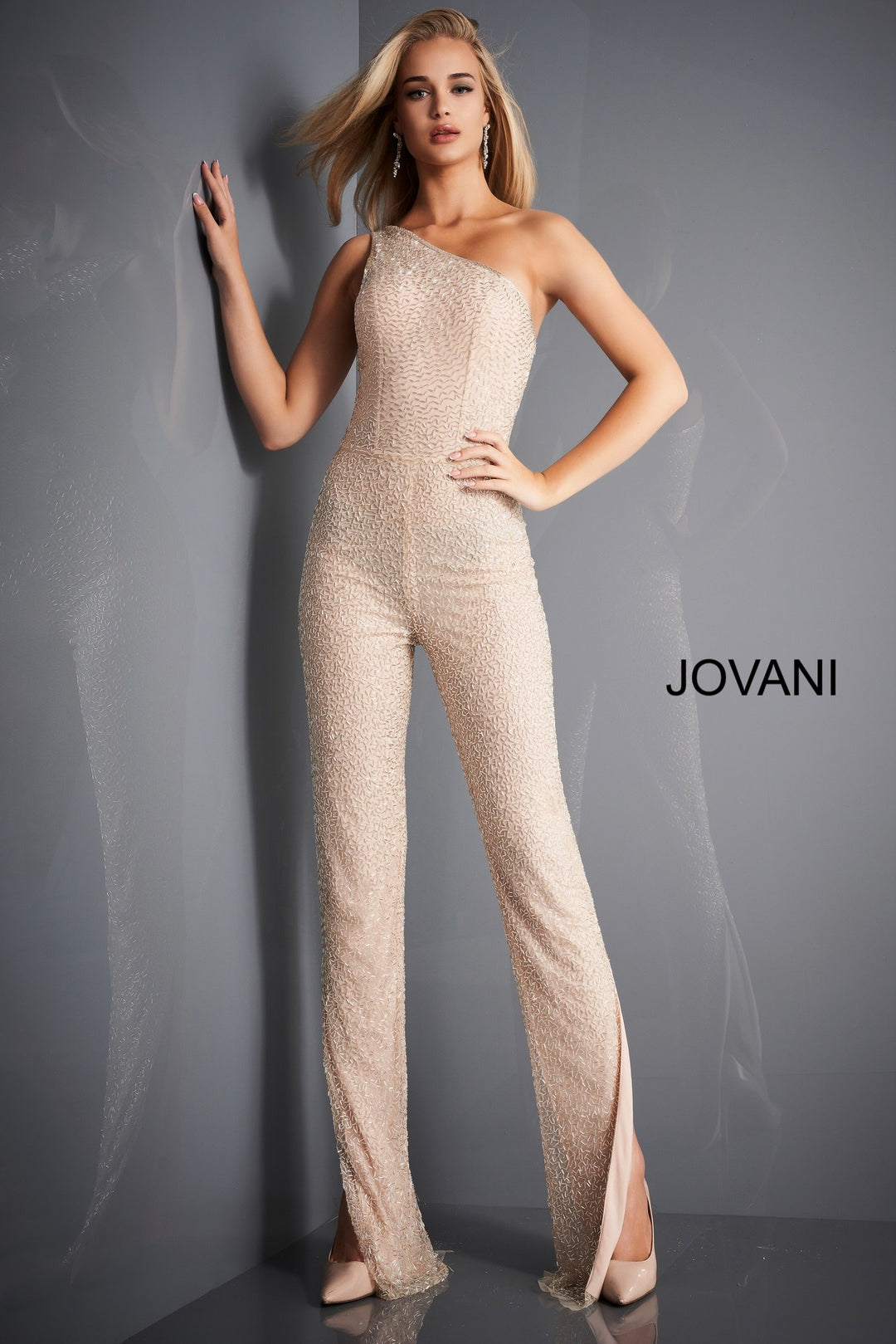 Beaded One Shoulder Illusion Jumpsuit by Jovani 3816