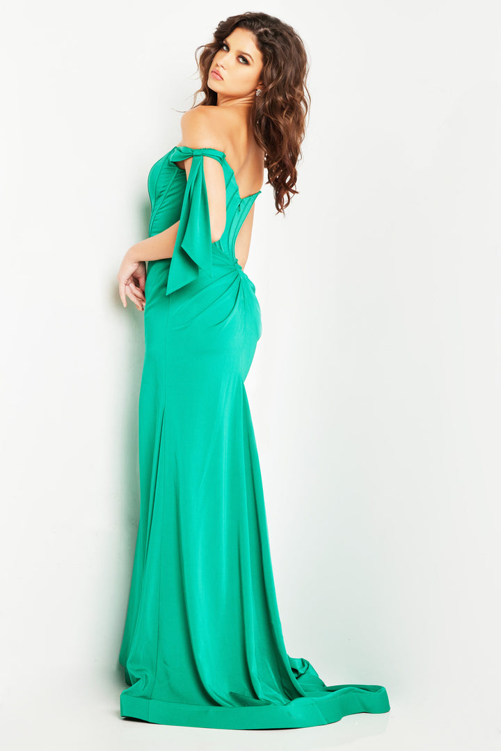 Satin Fitted Off Shoulder Slit Gown by Jovani 38197