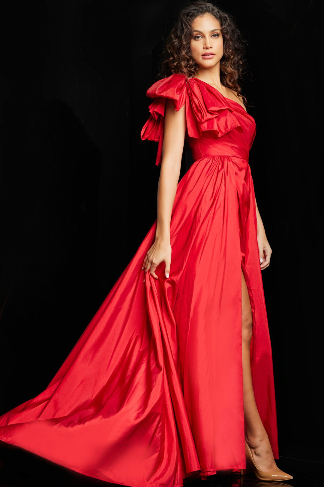 Satin One Shoulder A-line Slit Gown by Jovani 38466