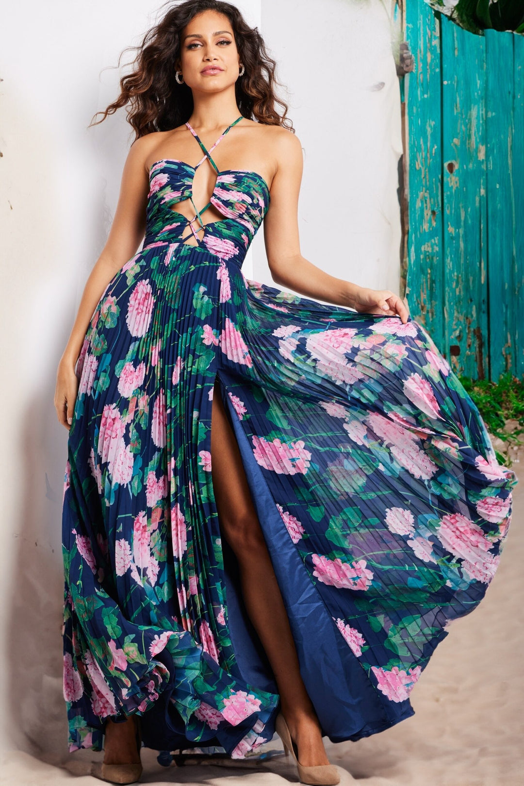 Floral Print Halter A-line Slit Gown by Jovani 38638