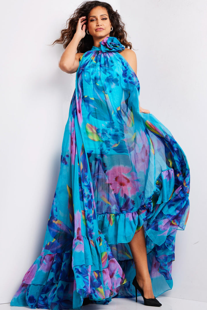 Floral Print Halter A-line Gown by Jovani 38721