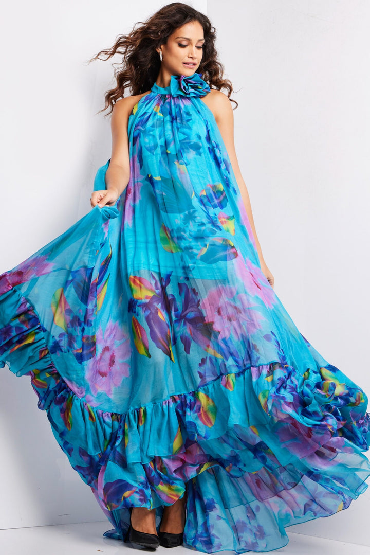 Floral Print Halter A-line Gown by Jovani 38721