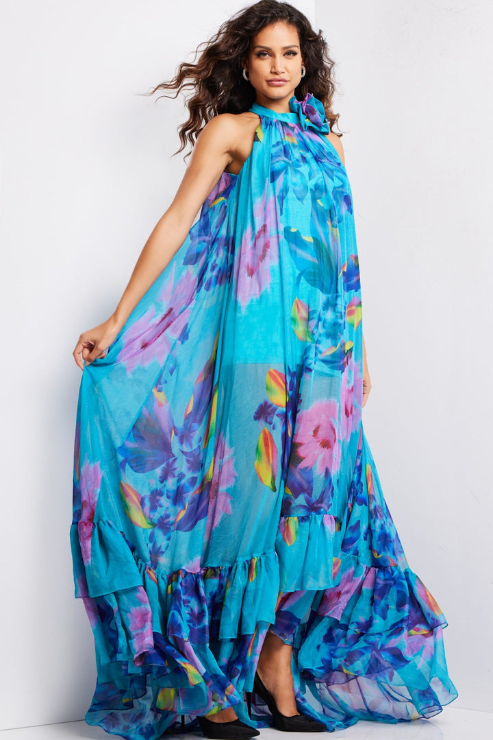 Floral Print Halter A-line Gown by Jovani 38721