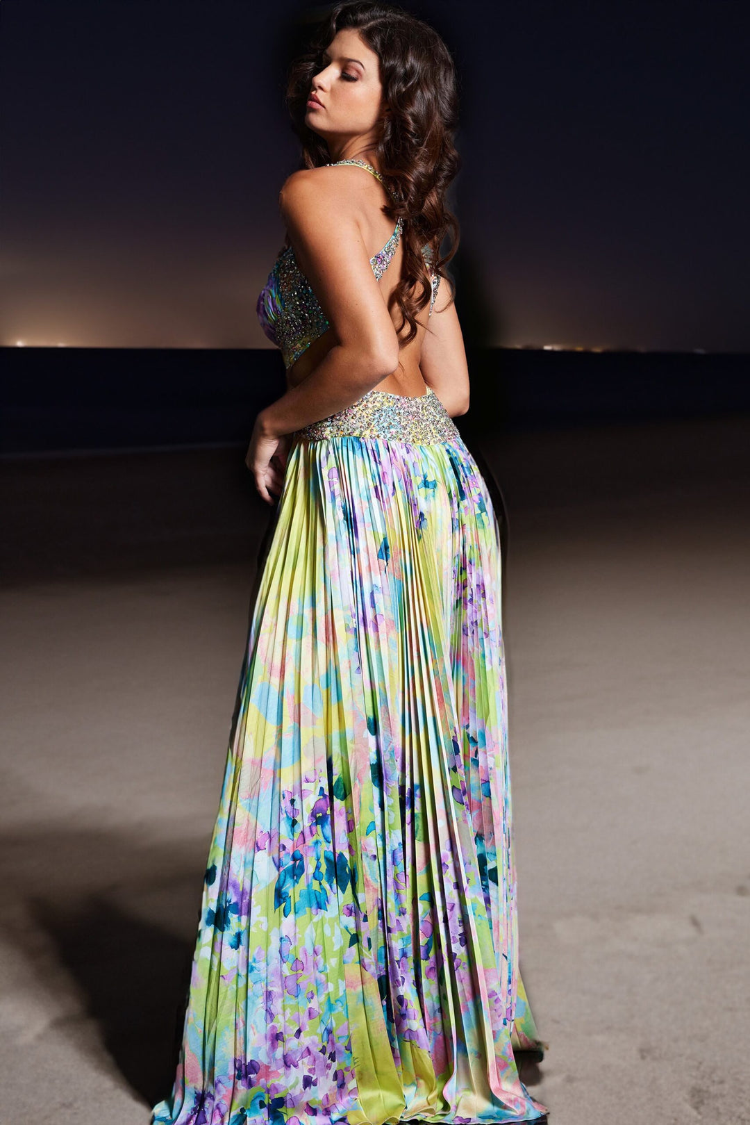 Floral Print Sleeveless A-line Slit Gown by Jovani 38733