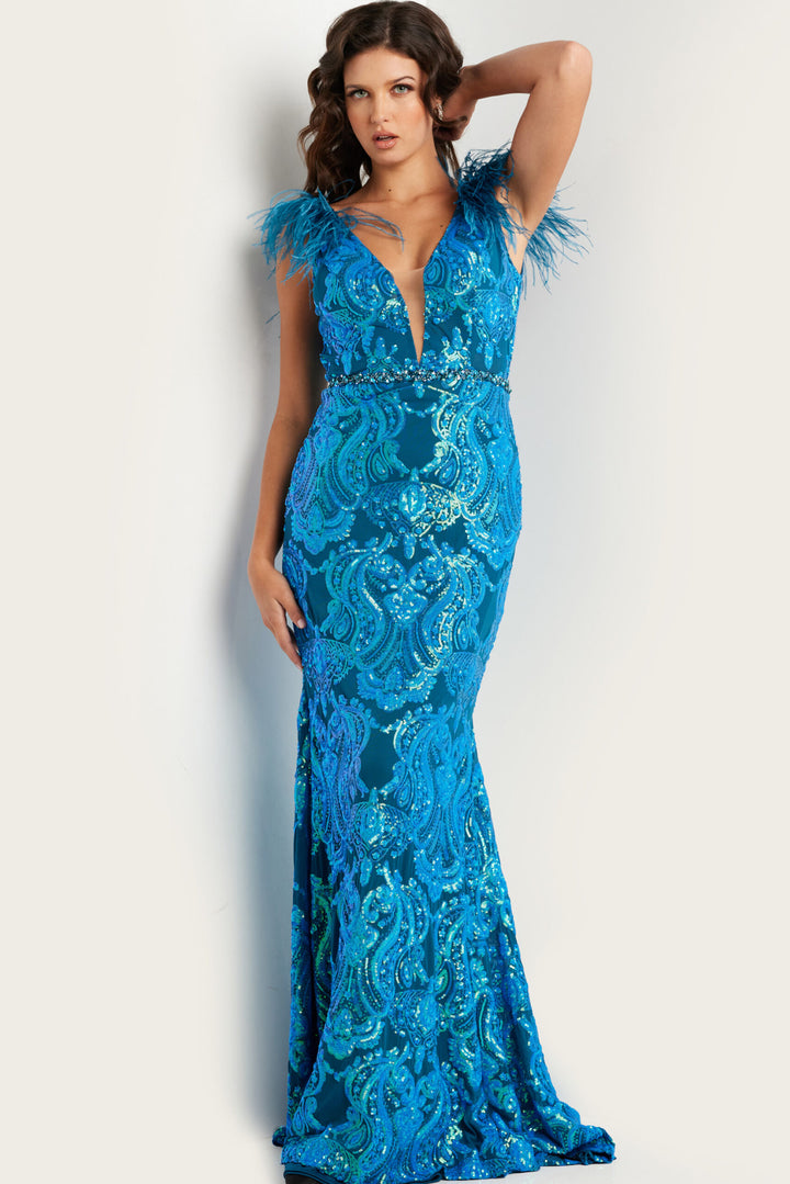 Sequin Feather Fitted Short Sleeve Gown by Jovani 38758