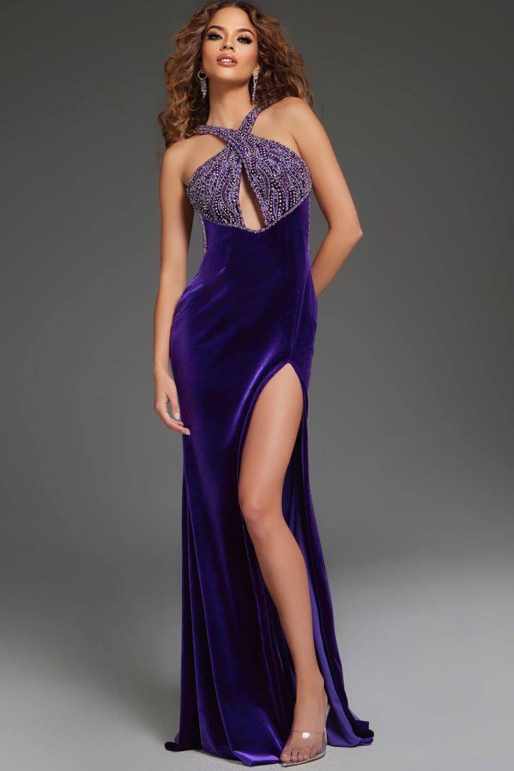 Velvet Fitted Halter Slit Gown by Jovani 38951