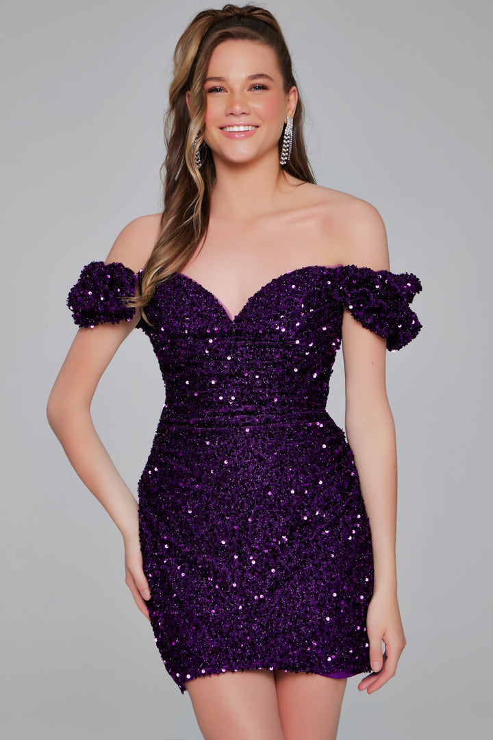 Sequin Fitted Off Shoulder Short Dress by Jovani 39631