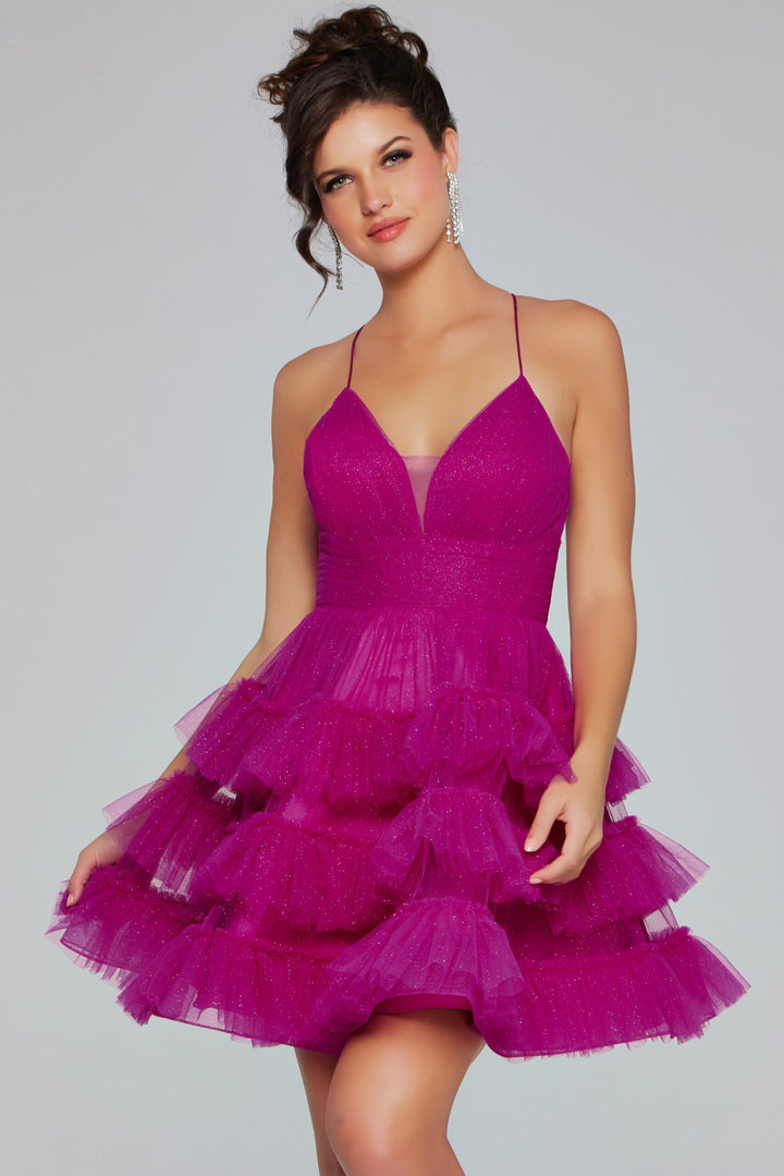 Glitter Tulle Short V-Neck Ruffled Dress by Jovani 39655