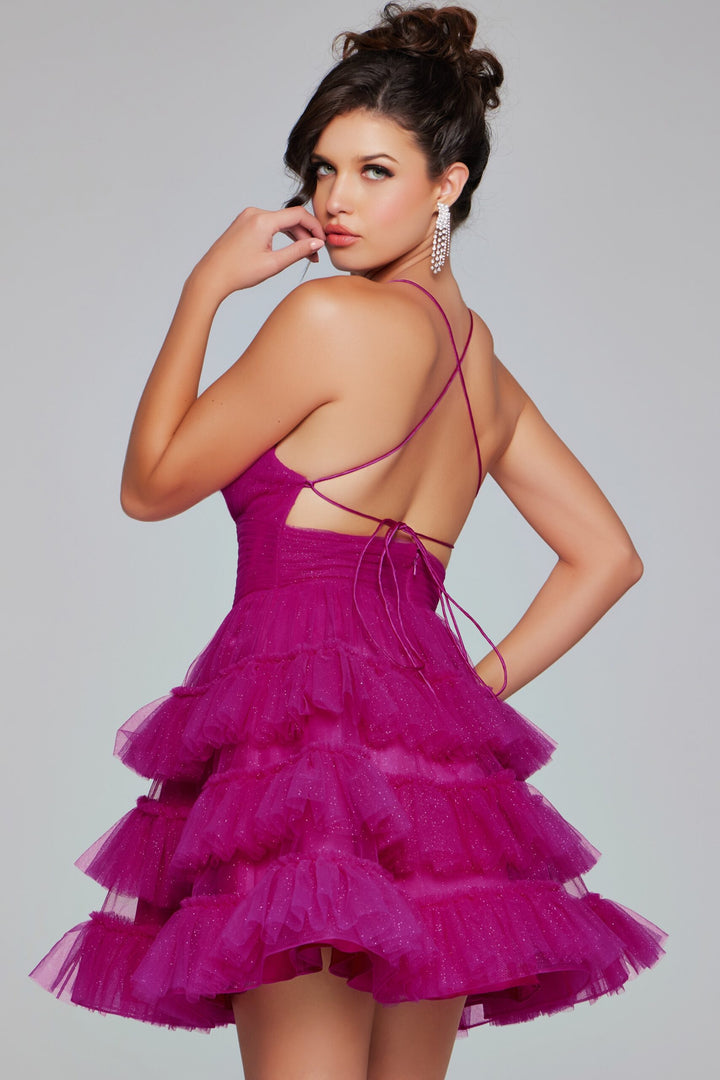 Glitter Tulle Short V-Neck Ruffled Dress by Jovani 39655