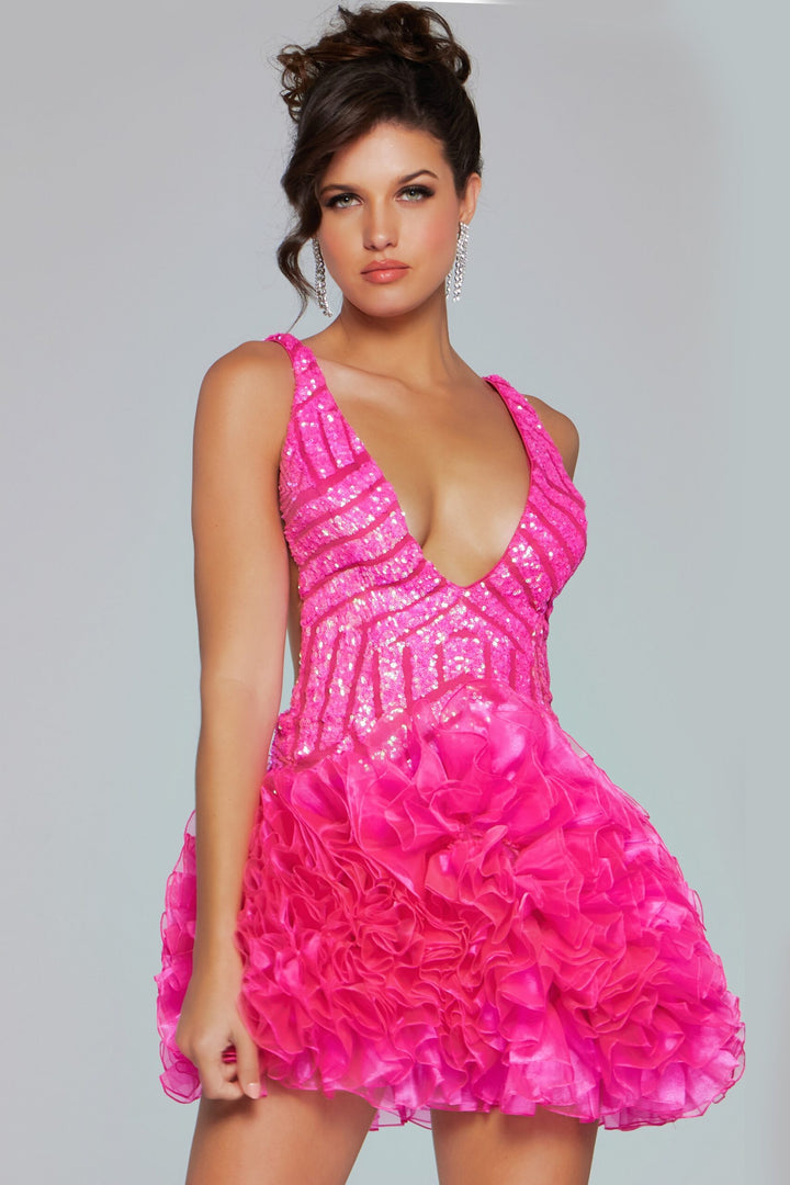 Sequin Short V-Neck Ruffled Dress by Jovani 39931