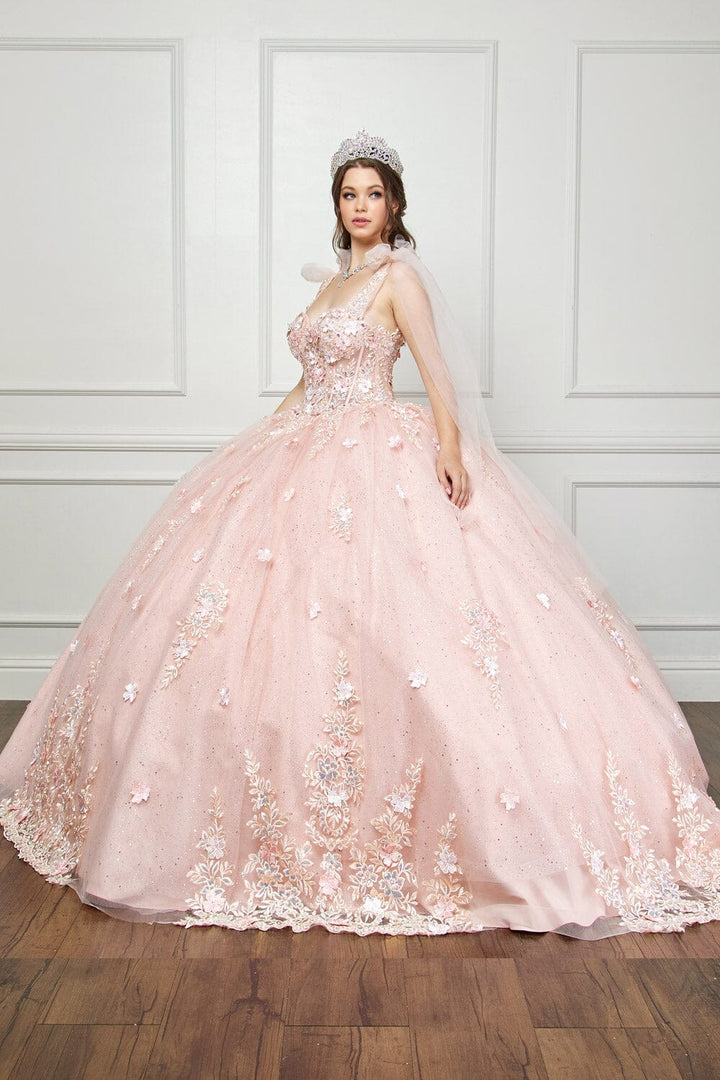 3D Floral Cape Sleeve Corset Ball Gown by Petite Adele PQ1045