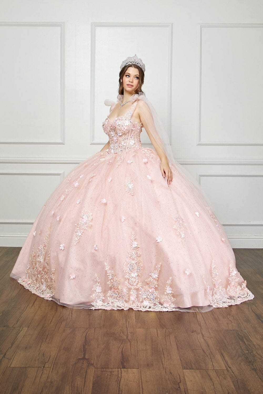 3D Floral Cape Sleeve Corset Ball Gown by Petite Adele PQ1045