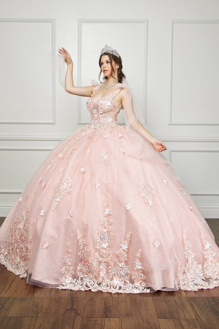 3D Floral Cape Sleeve Corset Ball Gown by Petite Adele PQ1045