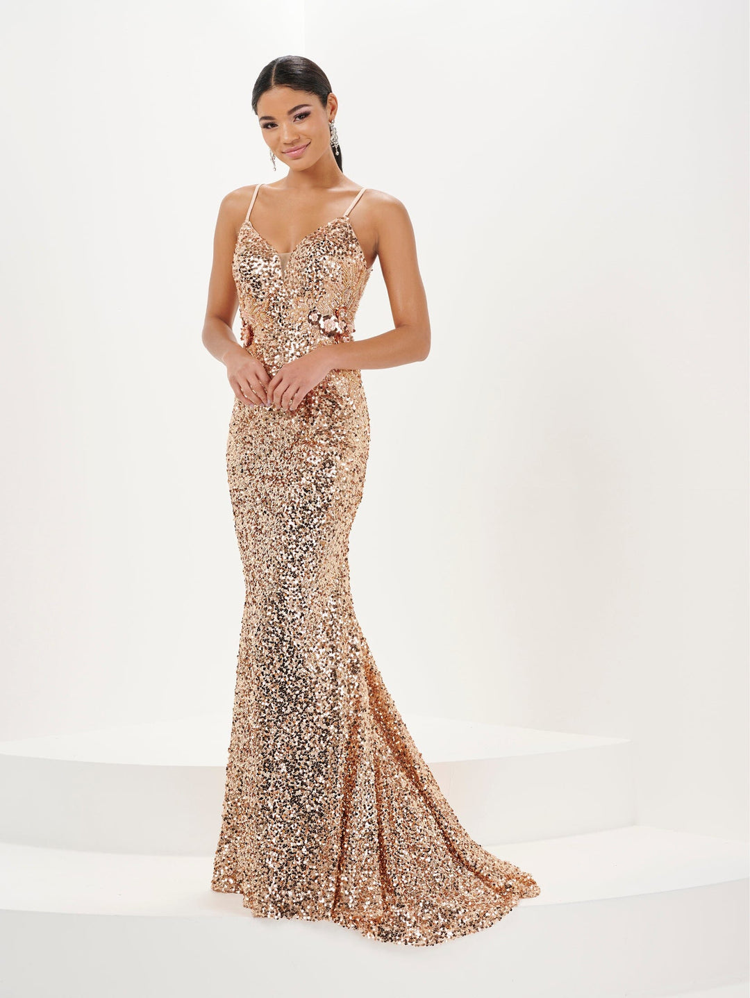 3D Floral Fitted Sequin V-Neck Gown by Tiffany Designs 16059