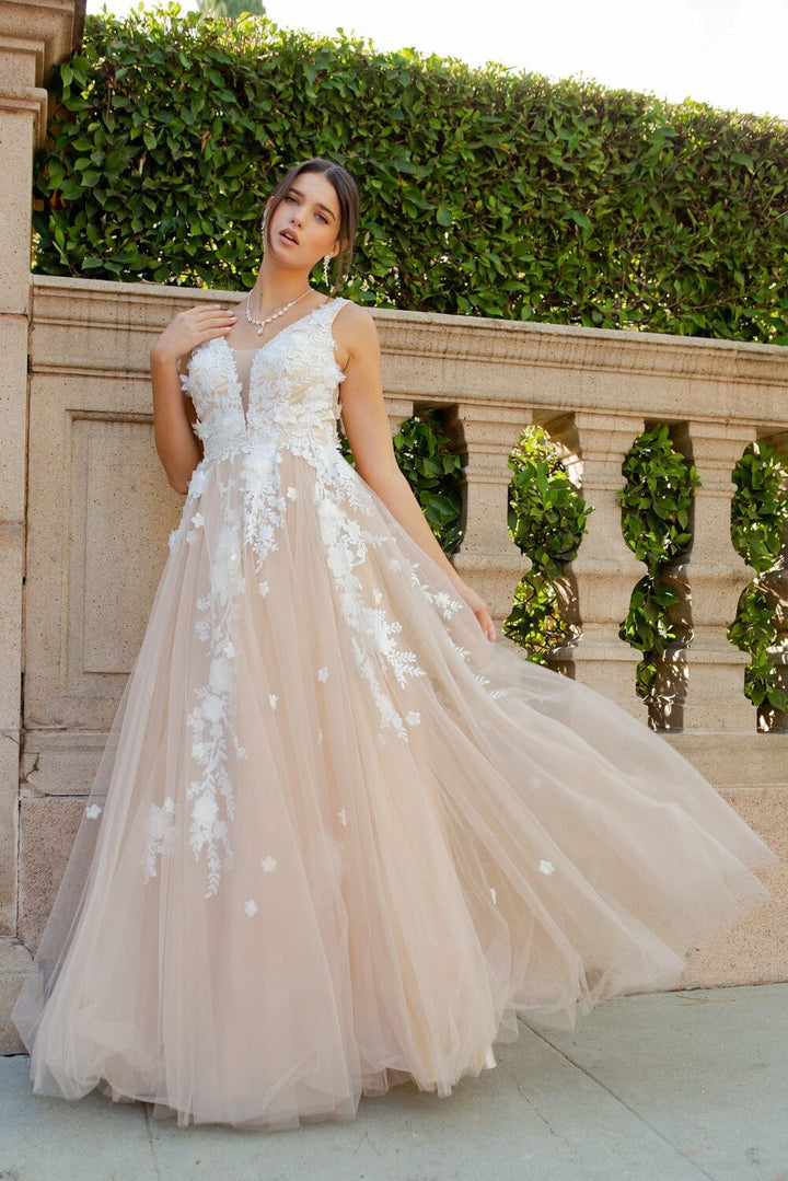 3D Floral V-Neck Tulle Gown by Cinderella Couture 8040J