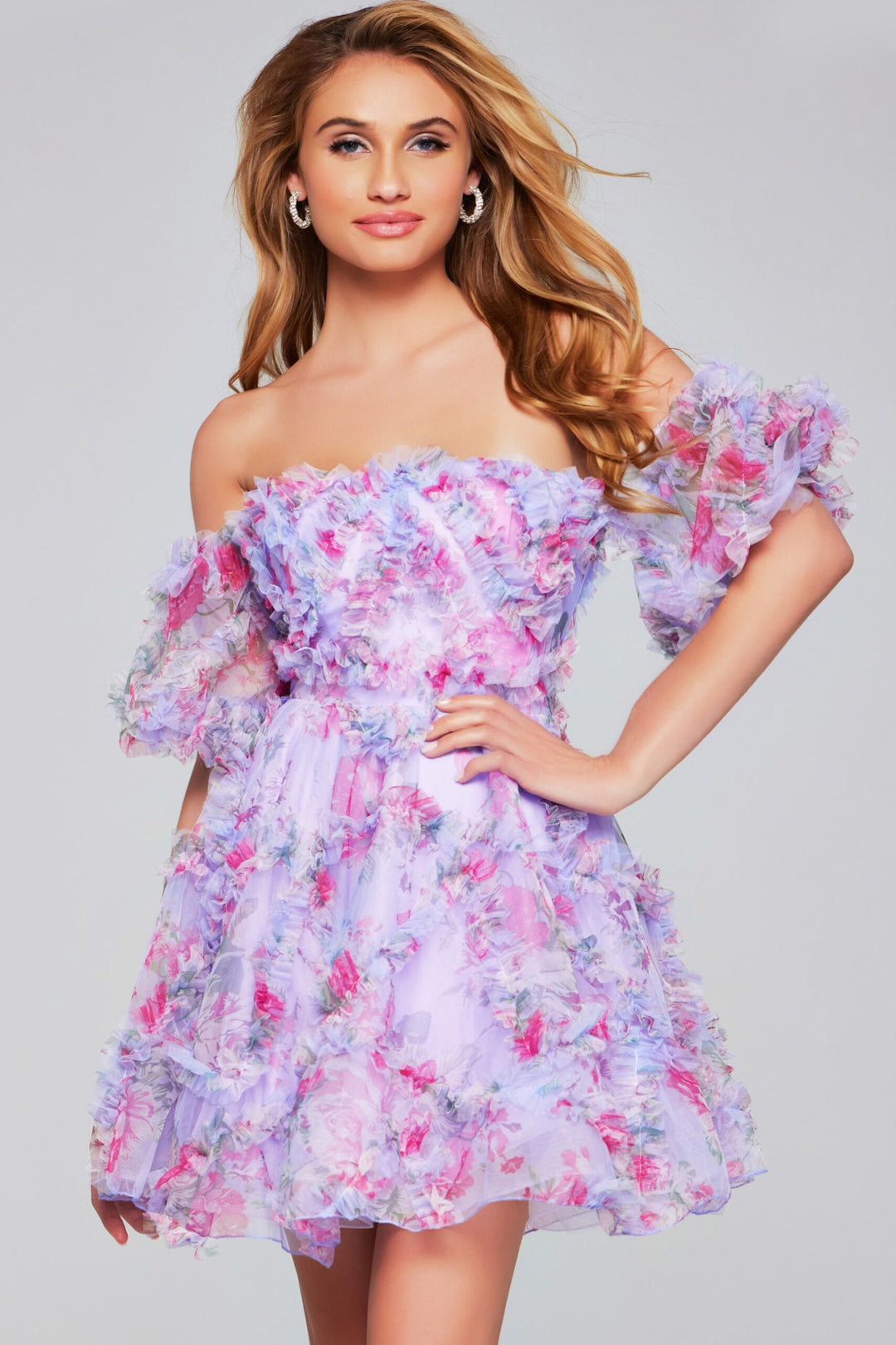 Floral Print Short Off Shoulder A-line Dress by Jovani 40330