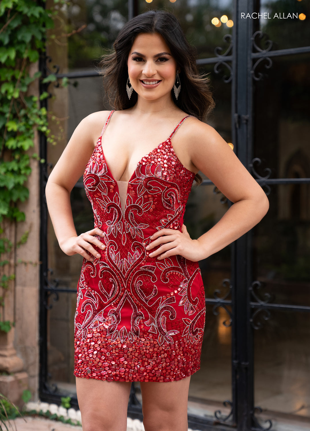 Bead Print Short V-Neck Dress by Rachel Allan 40471