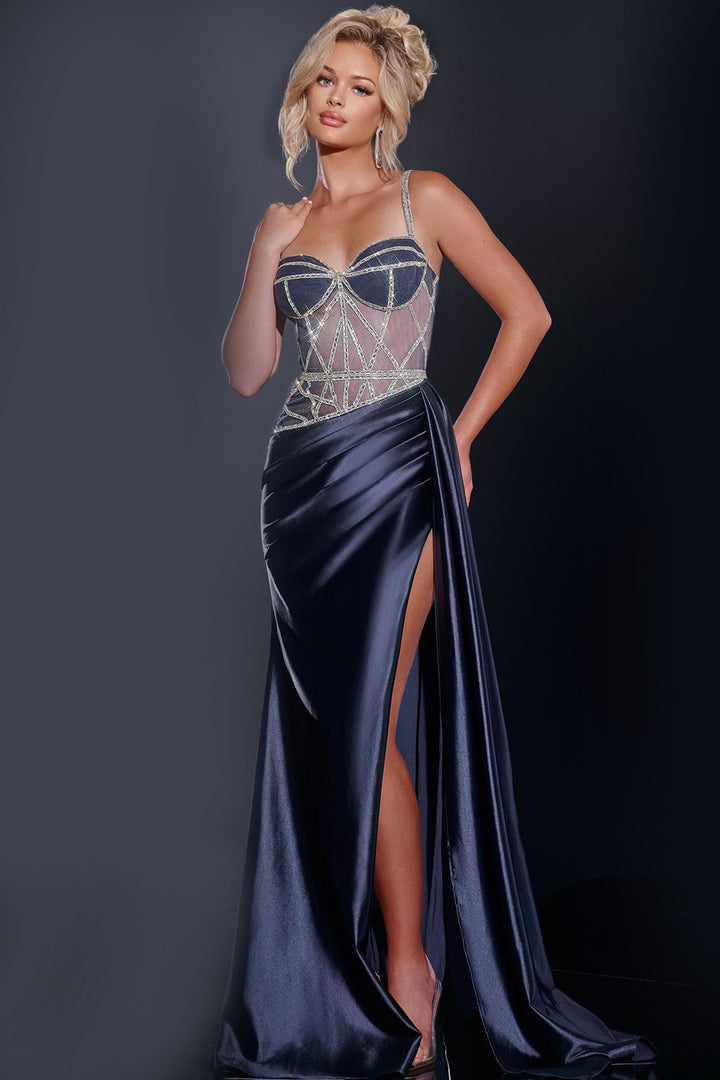 Beaded Satin Fitted Corset Slit Gown by Jovani 40506