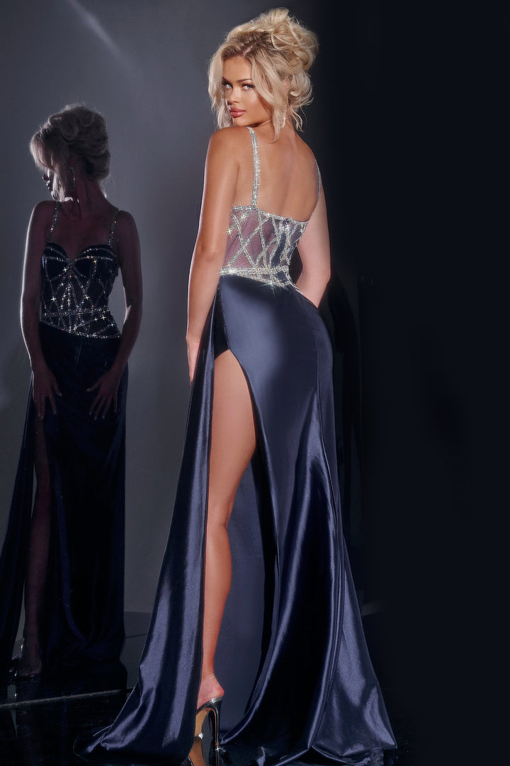 Beaded Satin Fitted Corset Slit Gown by Jovani 40506