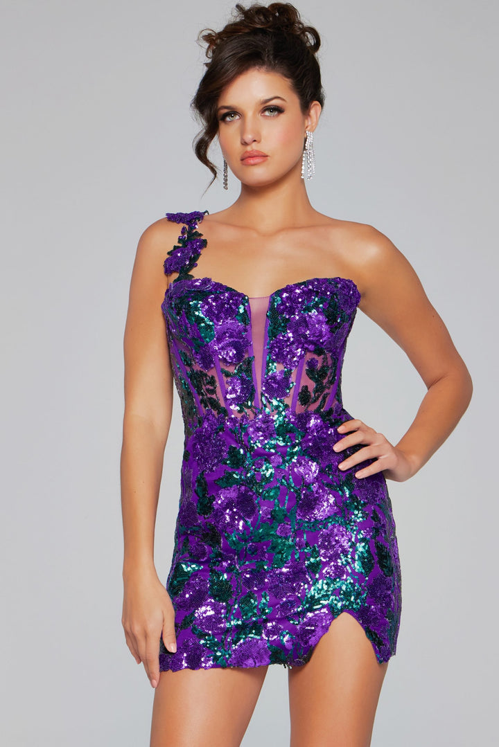 Floral Sequin Short One Shoulder Dress by Jovani 40647