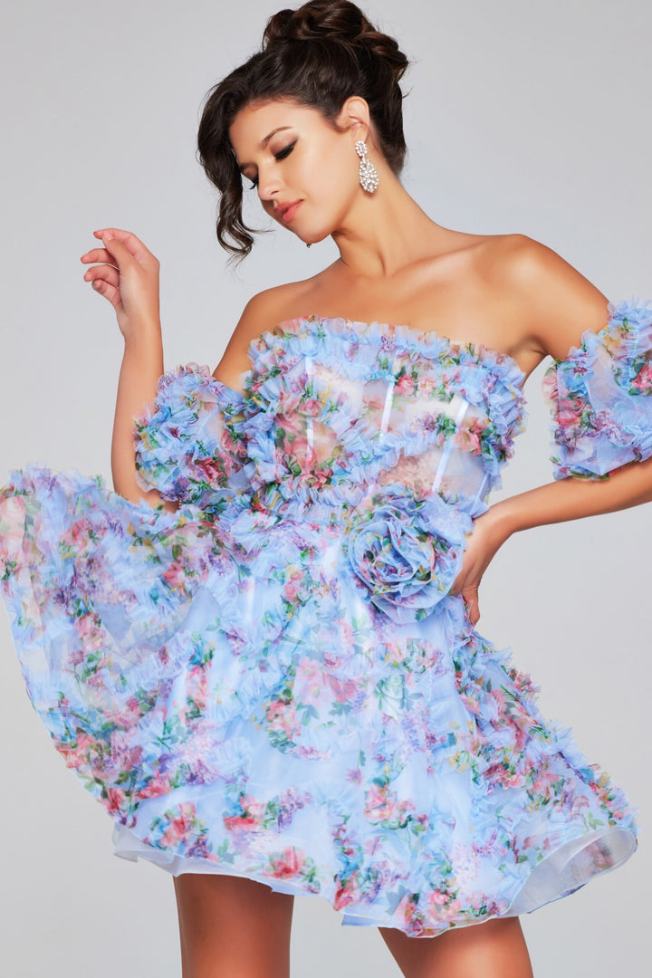 Print Short Off Shoulder Ruffled Dress by Jovani 42573