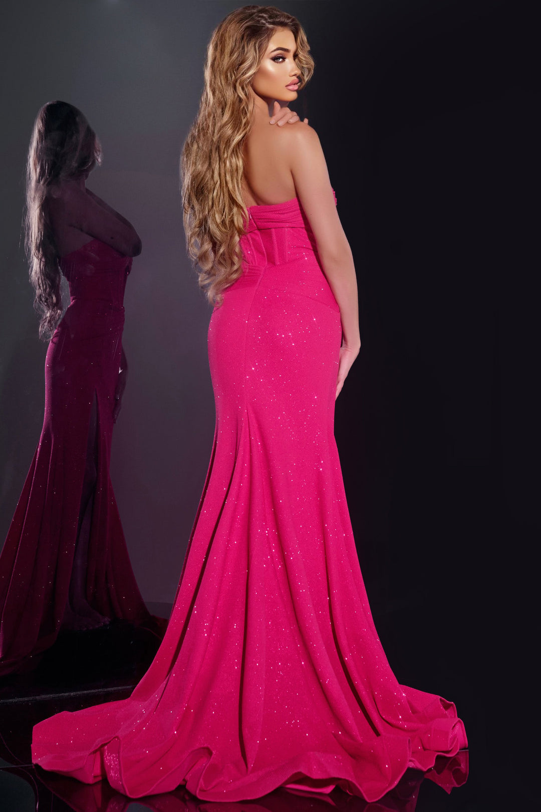 Glitter Fitted Strapless Slit Gown by Jovani 43065