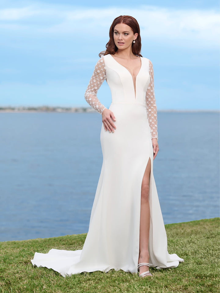 Long Sleeve Slit Bridal Gown by Adrianna Papell 45002