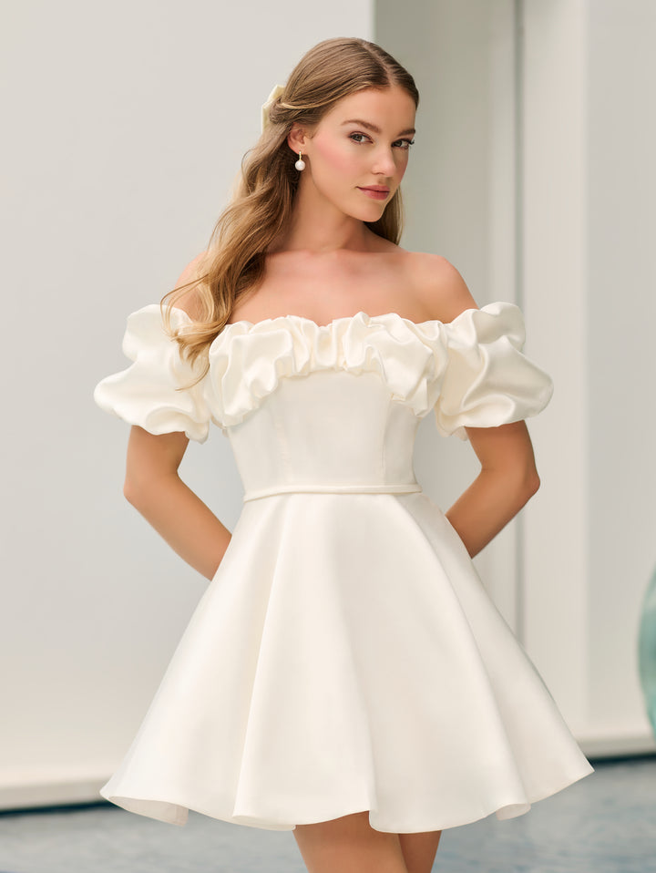 Mikado Short Off Shoulder Bridal Dress by Adrianna Papell 45020