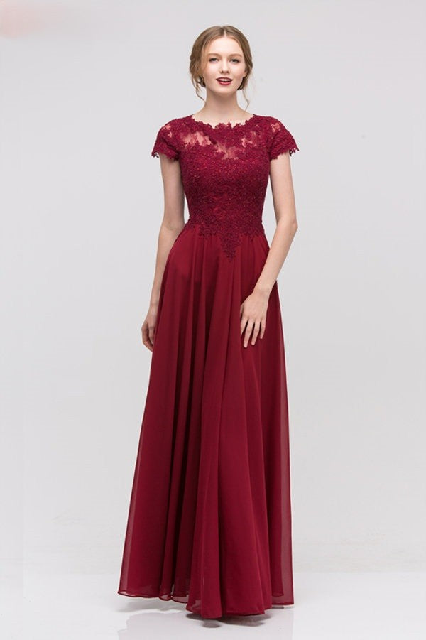 Lace Chiffon Short Sleeve A-line Gown by Eureka 4909