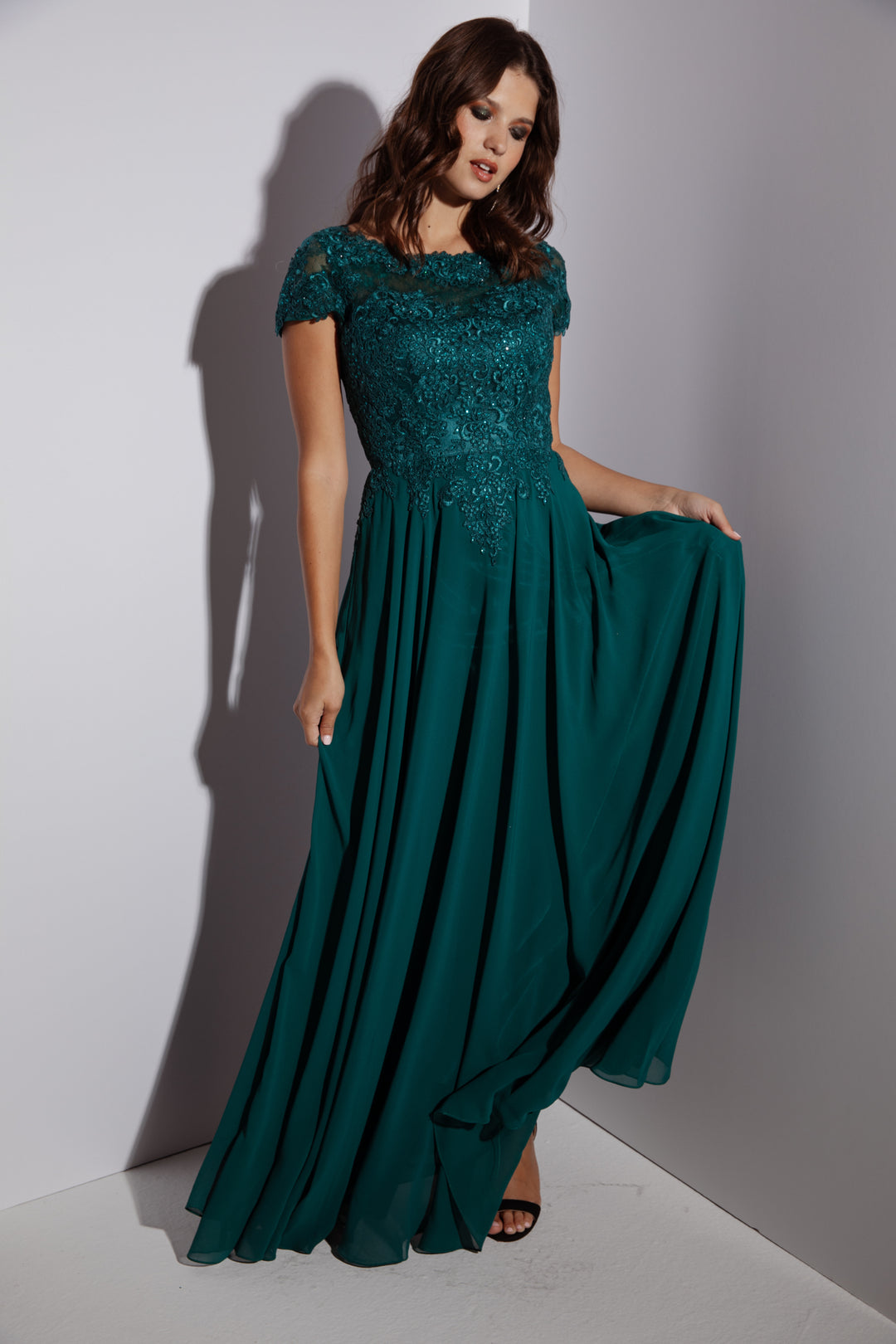 Lace Chiffon Short Sleeve A-line Gown by Eureka 4909