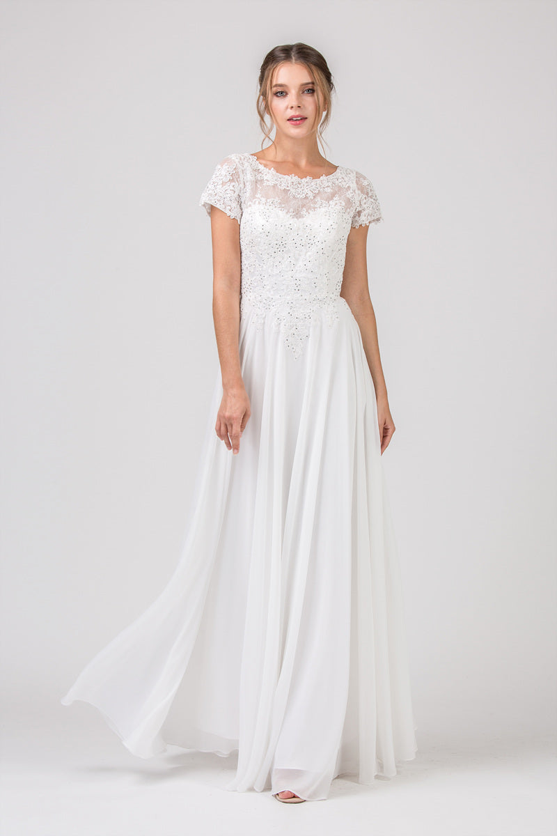 Lace Chiffon Short Sleeve A-line Gown by Eureka 4909