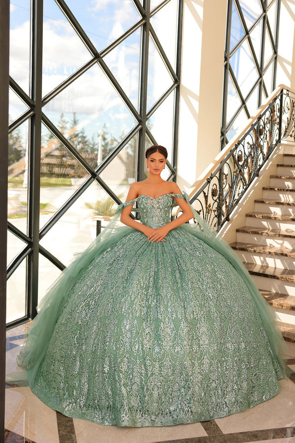 Glitter Cape Sleeve Quinceanera Dress by Amarra 54212