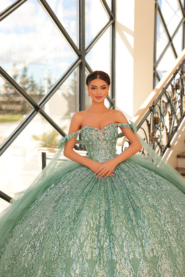 Glitter Cape Sleeve Quinceanera Dress by Amarra 54212