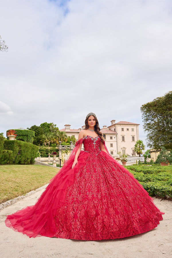 Glitter Cape Sleeve Quinceanera Dress by Amarra 54212