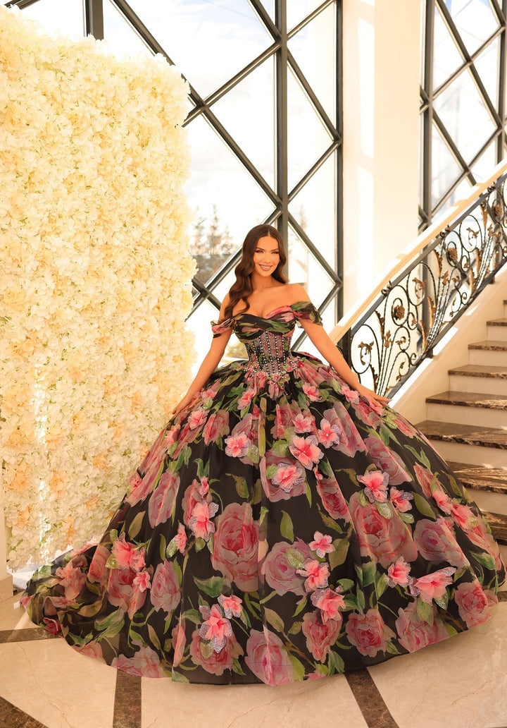 Floral Print Off Shoulder Quinceanera Dress by Amarra 54214