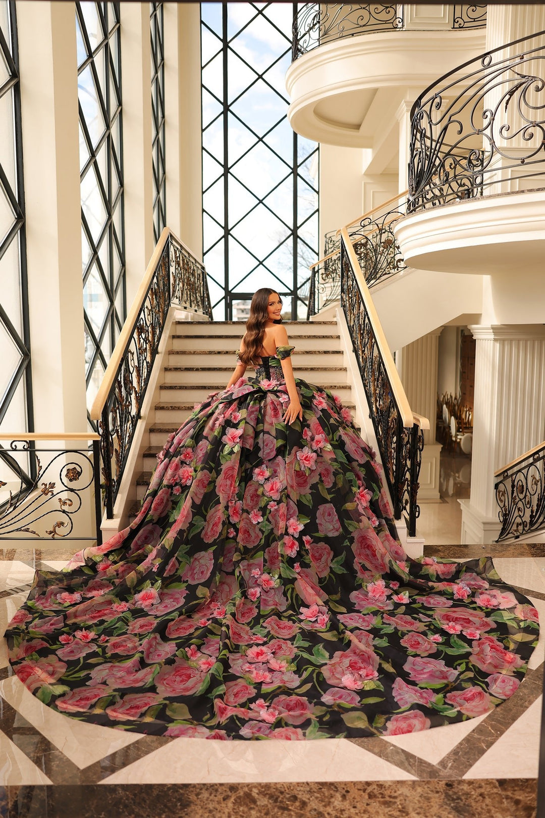 Floral Print Off Shoulder Quinceanera Dress by Amarra 54214