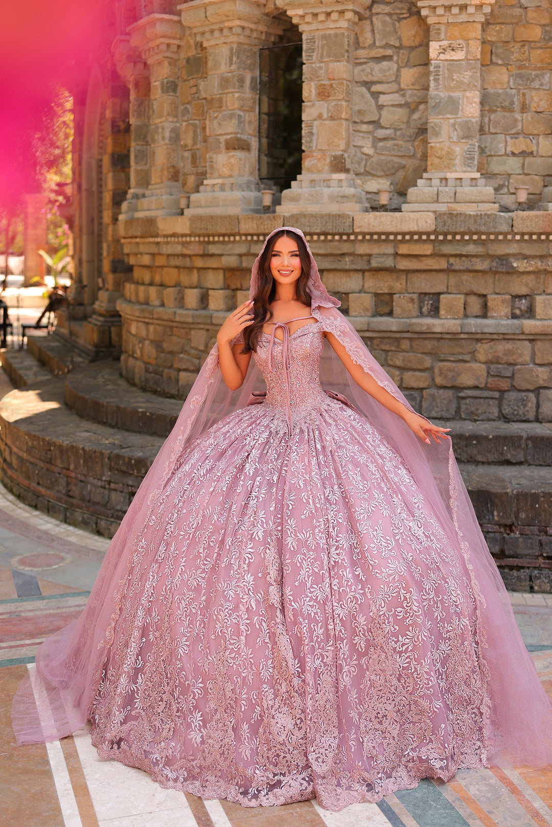 Off Shoulder Hooded Cloak Quinceanera Dress by Amarra 54324