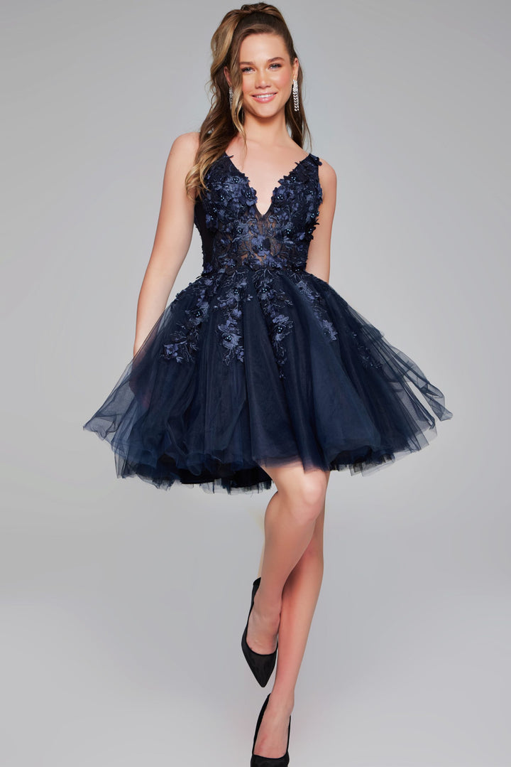 Floral Applique Short A-line Dress by Jovani 63987