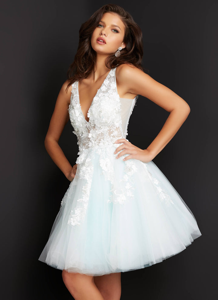 Floral Applique Short A-line Dress by Jovani 63987