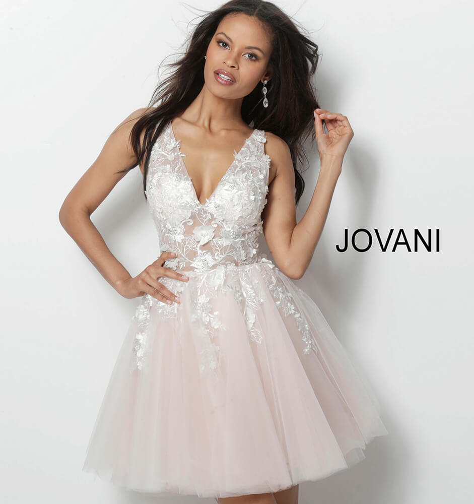 Floral Applique Short A-line Dress by Jovani 63987