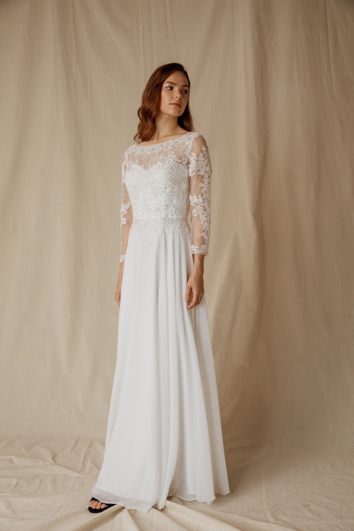 Lace Chiffon 3/4 Sleeve A-line Gown by Eureka 6909