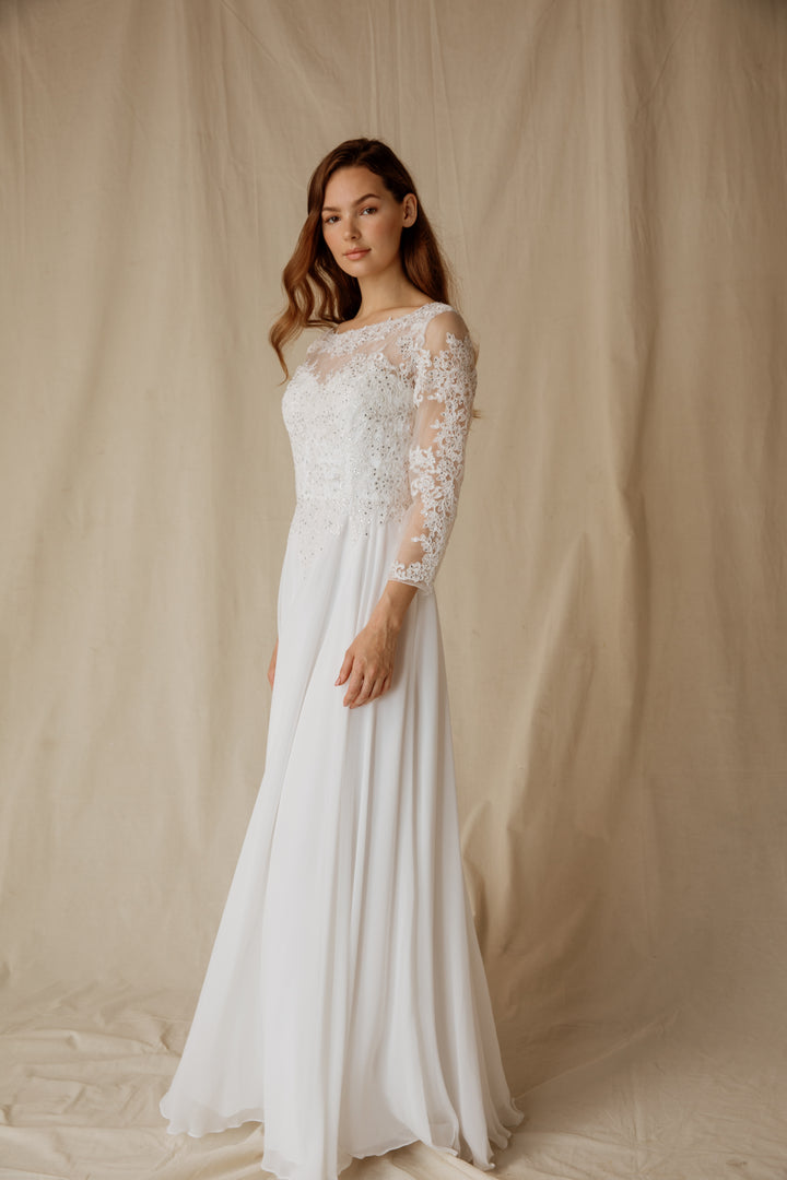 Lace Chiffon 3/4 Sleeve A-line Gown by Eureka 6909