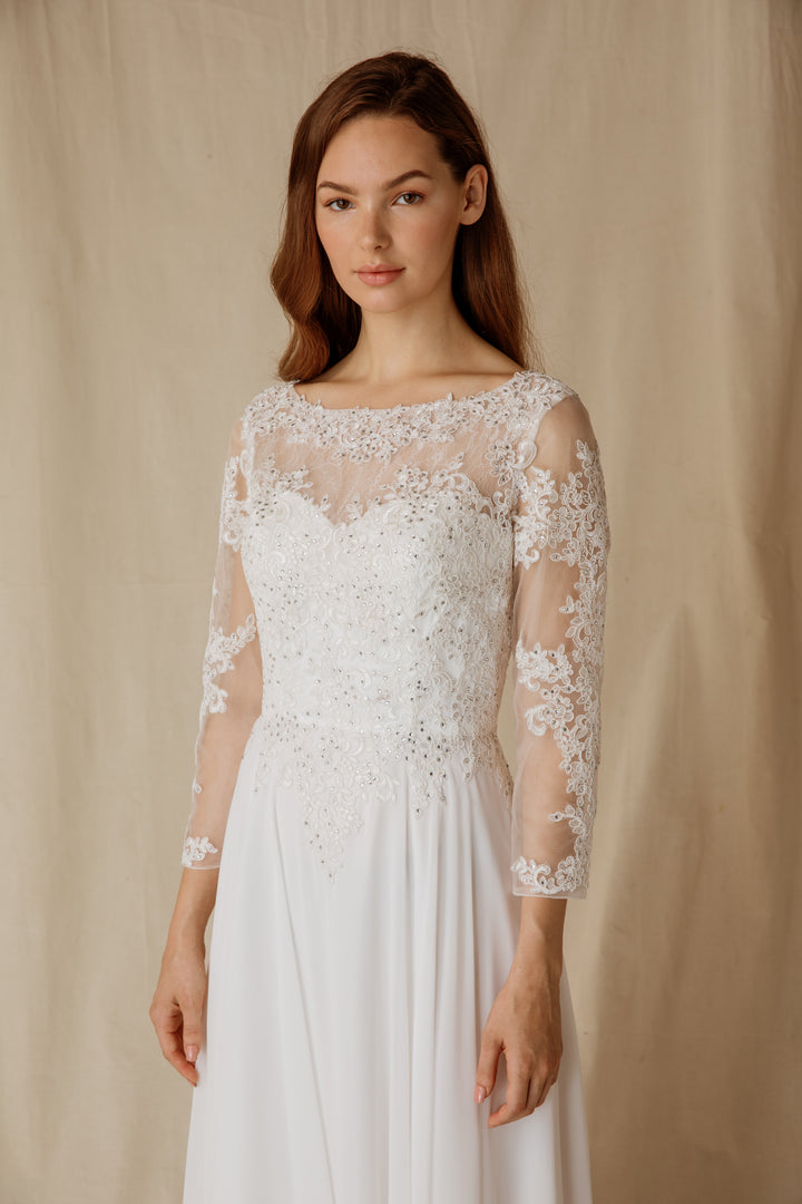 Lace Chiffon 3/4 Sleeve A-line Gown by Eureka 6909