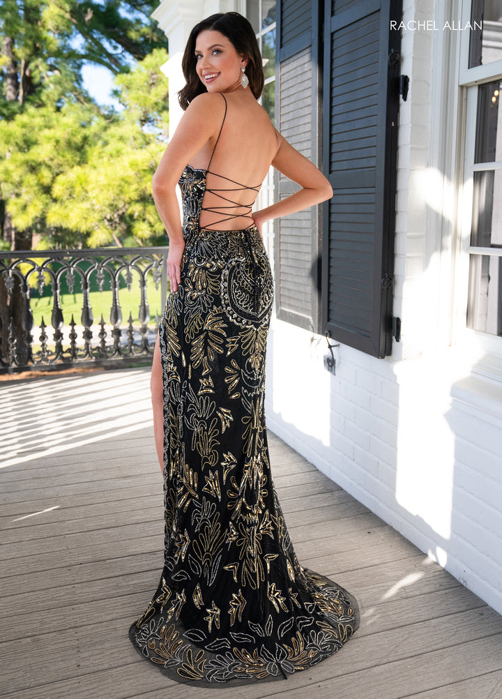 Bead Print Sleeveless Slit Gown by Rachel Allan 70002