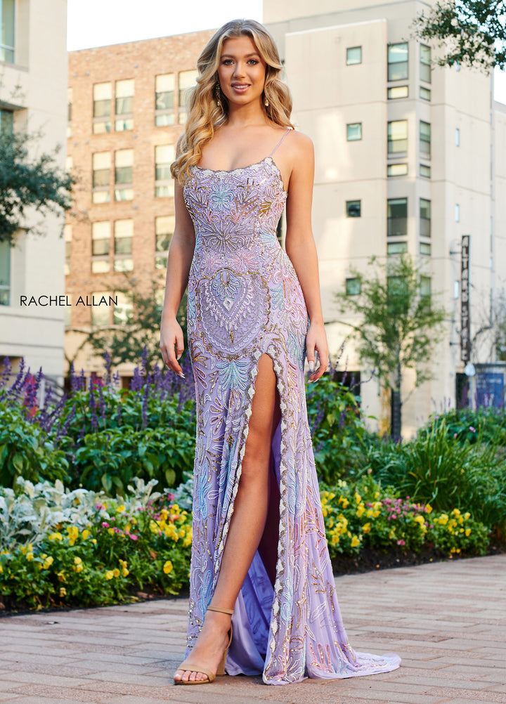 Bead Print Sleeveless Slit Gown by Rachel Allan 70002