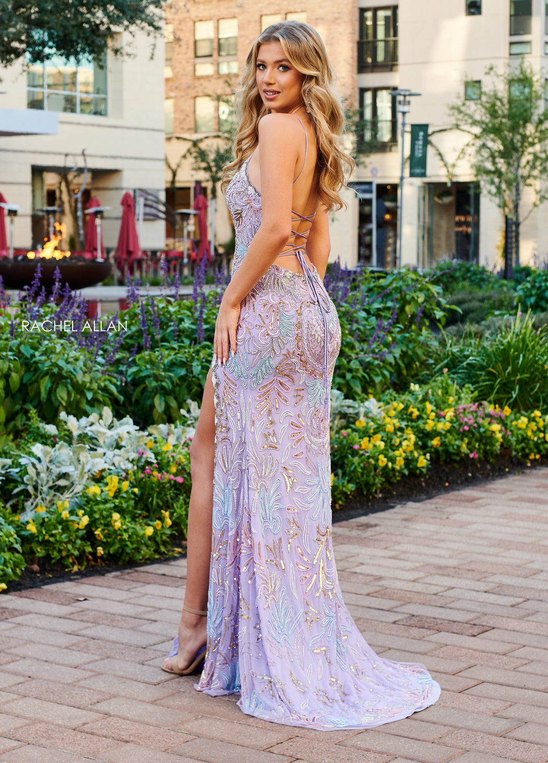 Bead Print Sleeveless Slit Gown by Rachel Allan 70002