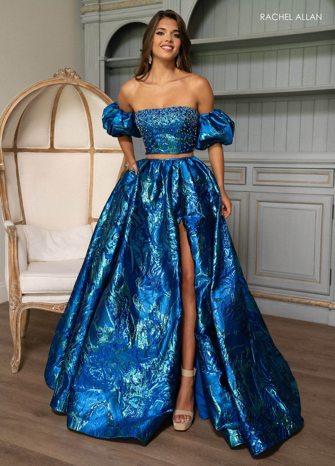 Jacquard 2-Piece Puff Sleeve Gown by Rachel Allan 70707