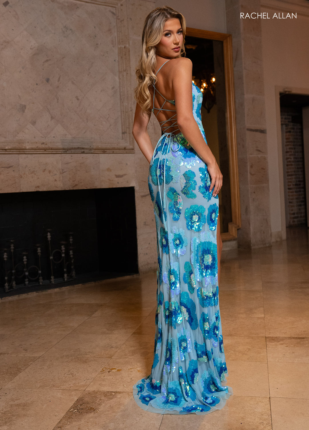 Floral Print Sleeveless Slit Gown by Rachel Allan 70719